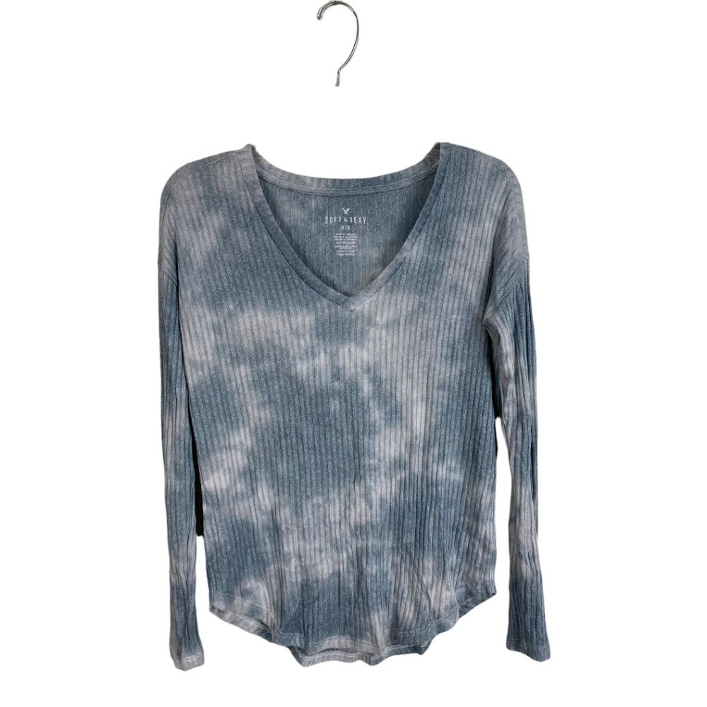 American Eagle Soft & Sexy ribbed knit top long sleeve Tie Dye Gray v-neck XS